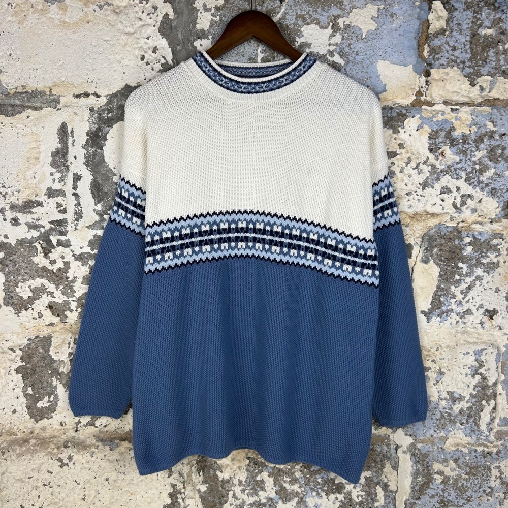 Vintage Bobbie Brooks Sweater Blue Cream Fair Isle USA Made Womens XL